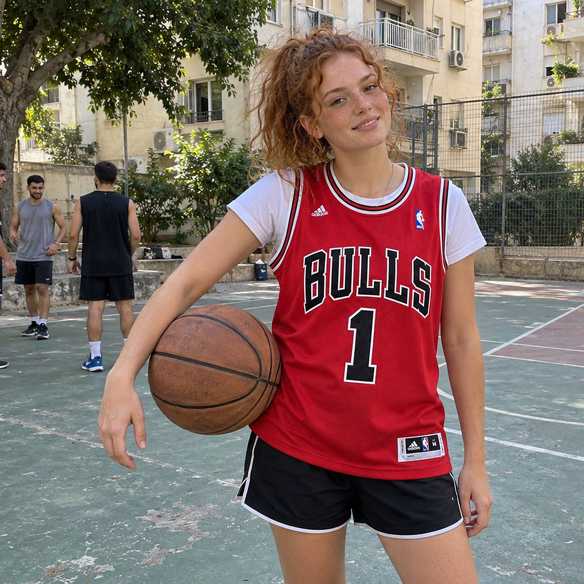 גופיית כדורסל שיקגו בולס מספר 1 אדום | תג תחתון לבן – צילום אווירה