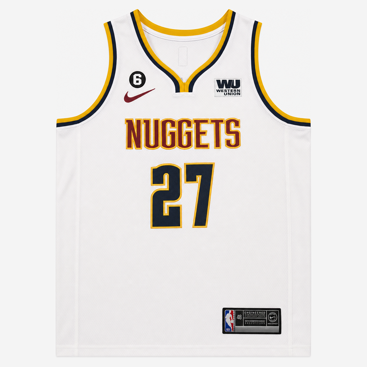 גופיית כדורסל דנבר נאגטס מספר 27 לבן | כיתוב NUGGETS ועיטור צהוב