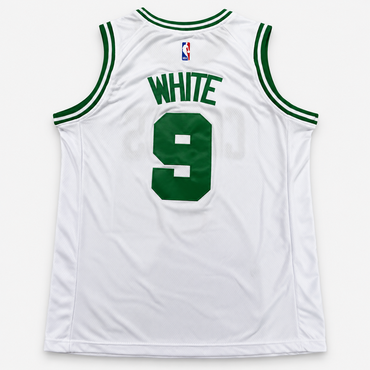 גופיית כדורסל בוסטון סלטיקס מספר 9 לבן | כיתוב CELTICS ועיטור ירוק — מבט אחורי