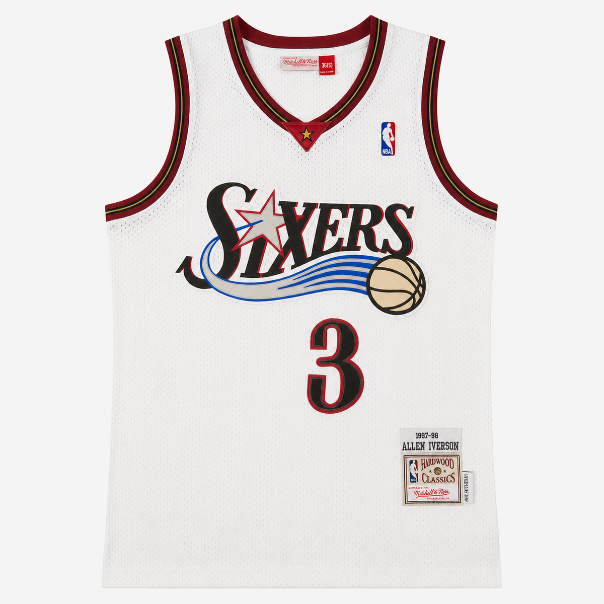 גופיית כדורסל פילדלפיה 76׳ מספר 3 לבן רטרו | סמל Sixers וכדור