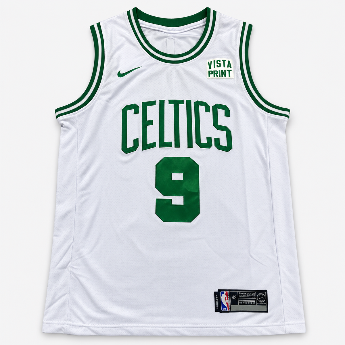גופיית כדורסל בוסטון סלטיקס מספר 9 לבן | כיתוב CELTICS ועיטור ירוק — מבט קדמי